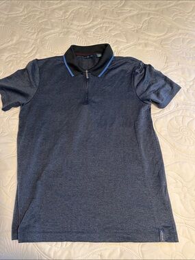 Perry Ellis Navy Short-Sleeve Zip Polo with Black Contrast Collar